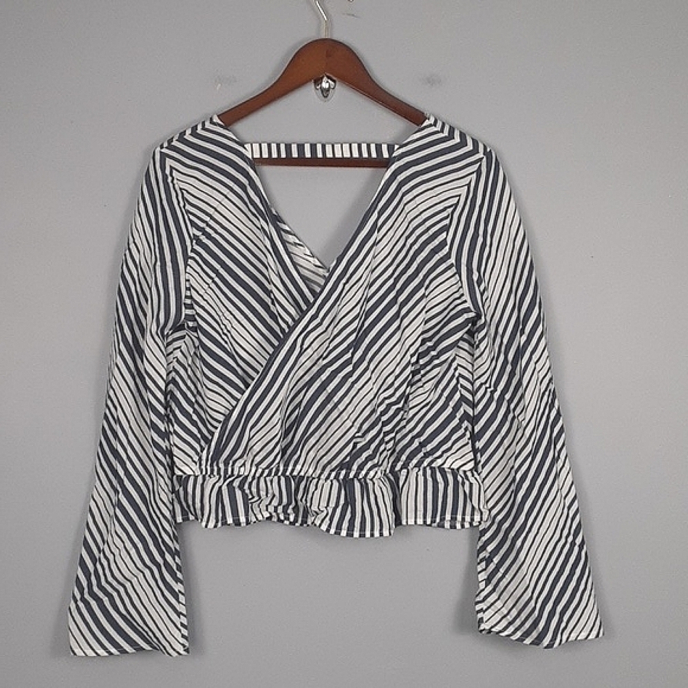 Express Cropped Striped Faux Wrap Around Long Sleeve Top